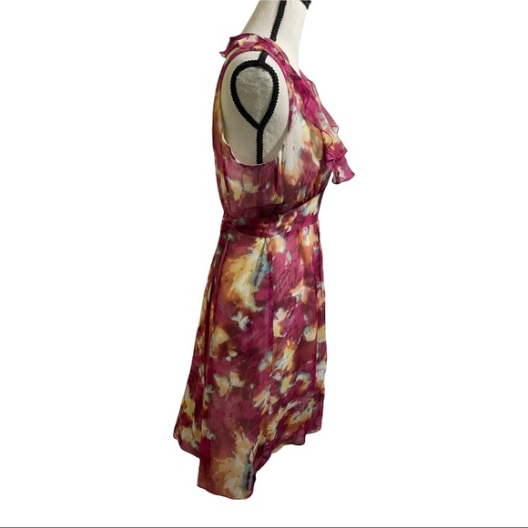 Chequer dress silk ruffle neckline sleeveless floral colorful. Womens size4 - Picture 5 of 11